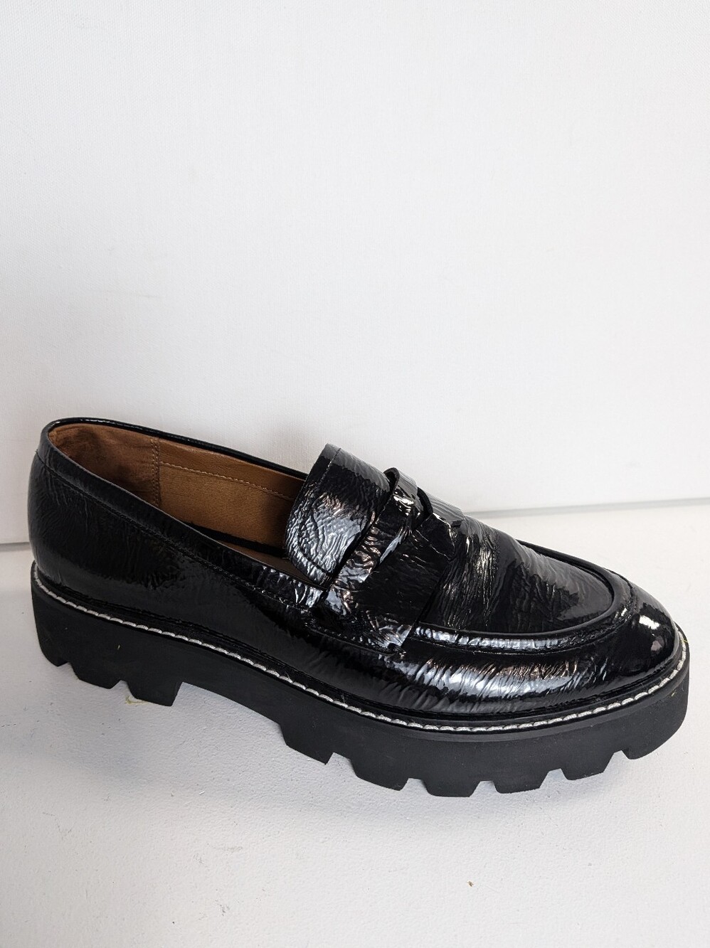 Franco Sarto Womens Balin Loafer Size 9 Black Patent Penny Shoe Chunky Lug Sole
